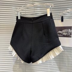 Shorts Women Rhinestone Metal Button Ruched Ruffle Black Casual Fashion Party Summer