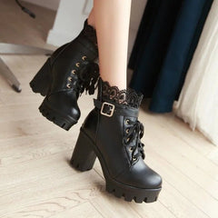 Platform Boots Women Goth Patchwork Hollow Lace Lolita Chunky High Heel Lace-Up Party Fashion Shoes