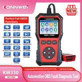 KONNWEI KW330 automotive OBD fault diagnosis tool with features listed on a pink background