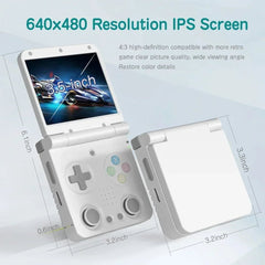White handheld gaming console with screen displaying a car game, surrounded by technical specifications on a light gray background.