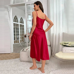 Nightgown Women Solid Color Long Ice Satin Silk Halter Pajamas Sleepwear Home Loungewear