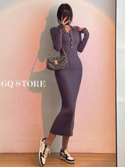 Long Sleeve Fishtail Maxi Dress Women Slim Button Elegant Casual Party Winter Fashion