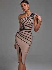 Midi Dress Women One Shoulder Bandage Elegant Bodycon Evening Party Club Fashion Dress