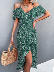 Off Shoulder Floral Print Maxi Dress Women Ruffle Strap Elegant Casual Beach Vacation Summer