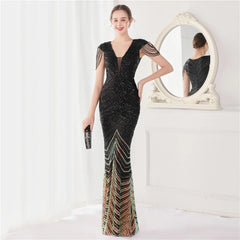 Green Sequin Beaded Mermaid Evening Dress Women V-Neck Cap Sleeve Elegant Prom Wedding Guest