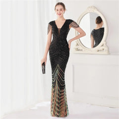 Green Sequin Beaded Mermaid Evening Dress Women V-Neck Cap Sleeve Elegant Prom Wedding Guest
