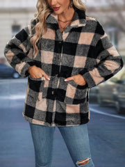 Jacket Women Sherpa Plaid Pattern Button-Up Lapel Fall Winter Casual Coat Outerwear