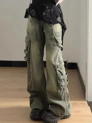 Cargo Jeans Women Loose Retro Washed Wide Leg Multi-Pocket Baggy Hip Hop Streetwear Denim Pants