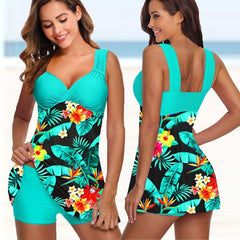 Plus Size Tankini Swimsuit Women Flower Print 2-Piece Swimdress Beach Vacation Summer Swimwear