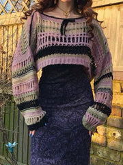 Fishnet Crop Sweater Women Striped Hollow Out Grunge Goth Casual Streetwear Fashion Top