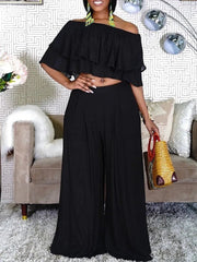 Plus Size Pant Set Women 2-Piece Off-Shoulder Crop Top Wide Leg Pants Elegant Party Casual Fashion