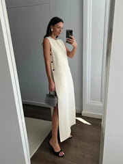 Maxi Dress Women Button Side Split Sleeveless Elegant Solid O-Neck Loose Boho Vacation Party Summer