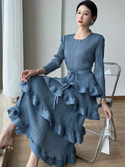Midi Dress Women Long Pleated 4-Layer Round Neck Solid Ruffle Cake Belt Elegant Cocktail Wedding