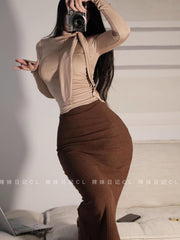 High Waist Fishtail Maxi Skirt Women Slim Thin Hip Long Elegant Casual Fashion Skirt