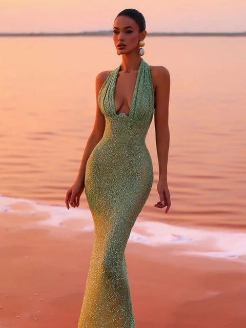Sequin Maxi Dress Women Halter Deep V-Neck Green Sleeveless Backless Slim Elegant Wedding Party Prom