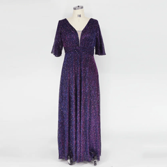 Plus Size Sequin Prom Dress Women Plunging Neck Butterfly Sleeve Glitter Bridesmaid Wedding Party
