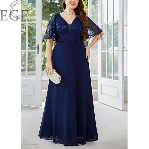 Maxi Dress Women Plus Size Royal Blue Sequin Shiny V-Neck Chiffon Short Sleeve Wedding Party Prom