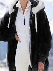 Plush Hooded Jacket Women Loose Zipper Warm Cozy Winter Casual Outerwear Fashion