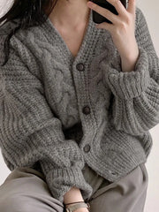 Vintage Knit Cardigan Women Solid V-Neck Single Breasted Casual Loose Thick Elegant Winter Fashion