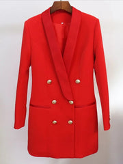Blazer Women Gold Lion Button Double Breasted Satin Shawl Collar Long Chic Elegant Fashion Jacket