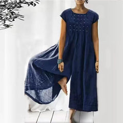 Cotton Linen Wide Leg Jumpsuit Women Vintage Ruched Short Sleeve Elegant Casual Spring Summer
