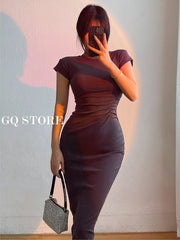High Waist Slim Hip Maxi Dress Women Short Sleeve Round Neck Casual Elegant Fashion Dress