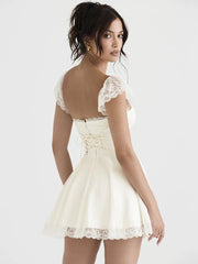 Mini Dress Women Elegant White Lace Strap Sleeveless Backless Loose A-Line Short Boutique Fashion Dress
