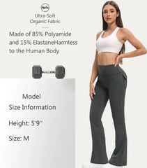 Woman wearing a white sports bra and gray leggings with fitness equipment and fabric information on a light gray background.