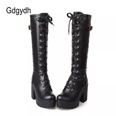 Knee High Boots Women Gothic Lace Faux Leather Chic Elegant Fashion Shoes