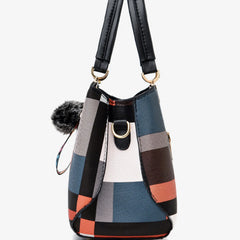 Plaid Handbag Women Tote Bag Fur Pom Pom Keychain Shoulder Purse Checkered Pattern Shopper Bag