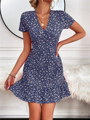 Floral Print A-Line Mini Dress Women V-Neck Slim Casual Beach Vacation Summer Fashion Dress