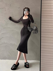 Drawstring Pleated Maxi Dress Women Long Casual Elegant Beach Party Fashion Dress