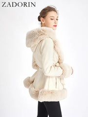 Faux Fur Coat Women Faux Suede Furry Hood Belt Thick Warm Vegan Cardigan Winter Jacket Outerwear