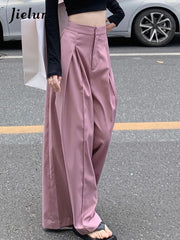 Women Loose High Waist Full-Length Solid Color Wide Leg Pants