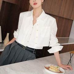 Crop Top Women White Khaki Faux 2-Piece Short Long Sleeve Casual Chic Contemporary Fashion Top