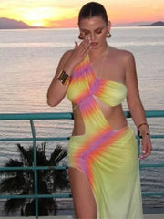 Tie-Dye Maxi Dress One Shoulder Cutout Side Slit Beach Summer Long Colorful Vacation Women