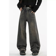 Jeans Women Vintage Dark Blue High Waist Straight Baggy Wide Leg American Streetwear Denim Trousers