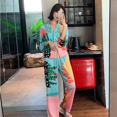 Silky Pajama Set Women Top Pants Home Wear Loungewear Nightwear Casual Comfortable Fashion