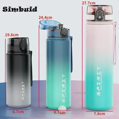 Three gradient water bottles with measurements on a light gray background, featuring the brand 'Simbuid'.