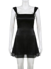 Y2K Square Collar Mini Dress Women 2-Layer Black Coquette Goth Kawaii A-Line Fashion Dress