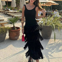 Maxi Dress Women Knit Slim High Waist Sleeveless Patchwork Cascading Tassel Elegant Fashion Summer
