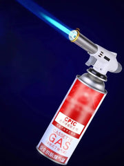 Gas canister with a blue flame on a dark background
