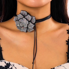 Choker Necklace Women Rhinestone Big Rose Flower Black Leather Wax Rope Adjustable Luxury Chain Gift