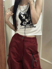 Tank Top Women Y2K Grunge Print Ribbed Knit Sleeveless Aesthetic Streetwear Spring Summer Casual Top