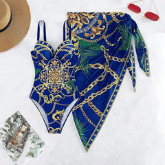Two Piece Women's Swimsuit Set Push Up Floral Print Bandage Swimwear Bathing Suit & Wrap