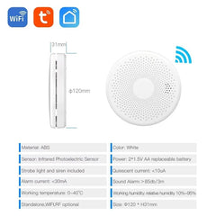 White carbon monoxide detector device with dimensions and features listed on a white background