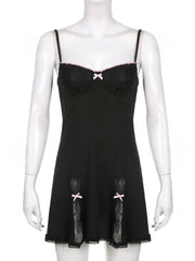 Mini Dress Women Y2K Retro Lace Patchwork Strap Bow Black Pink Club Party Casual Fashion Dress