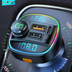 Car charger with digital display on a dashboard, featuring the brand 'LUTU'.
