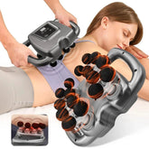 Person using a handheld massage device on another person's back with a close-up of the device's rollers.