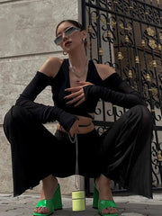 Crop Top Women Black Lace-Up Bandage V-Neck Cut Out Long Sleeve Streetwear Casual Top